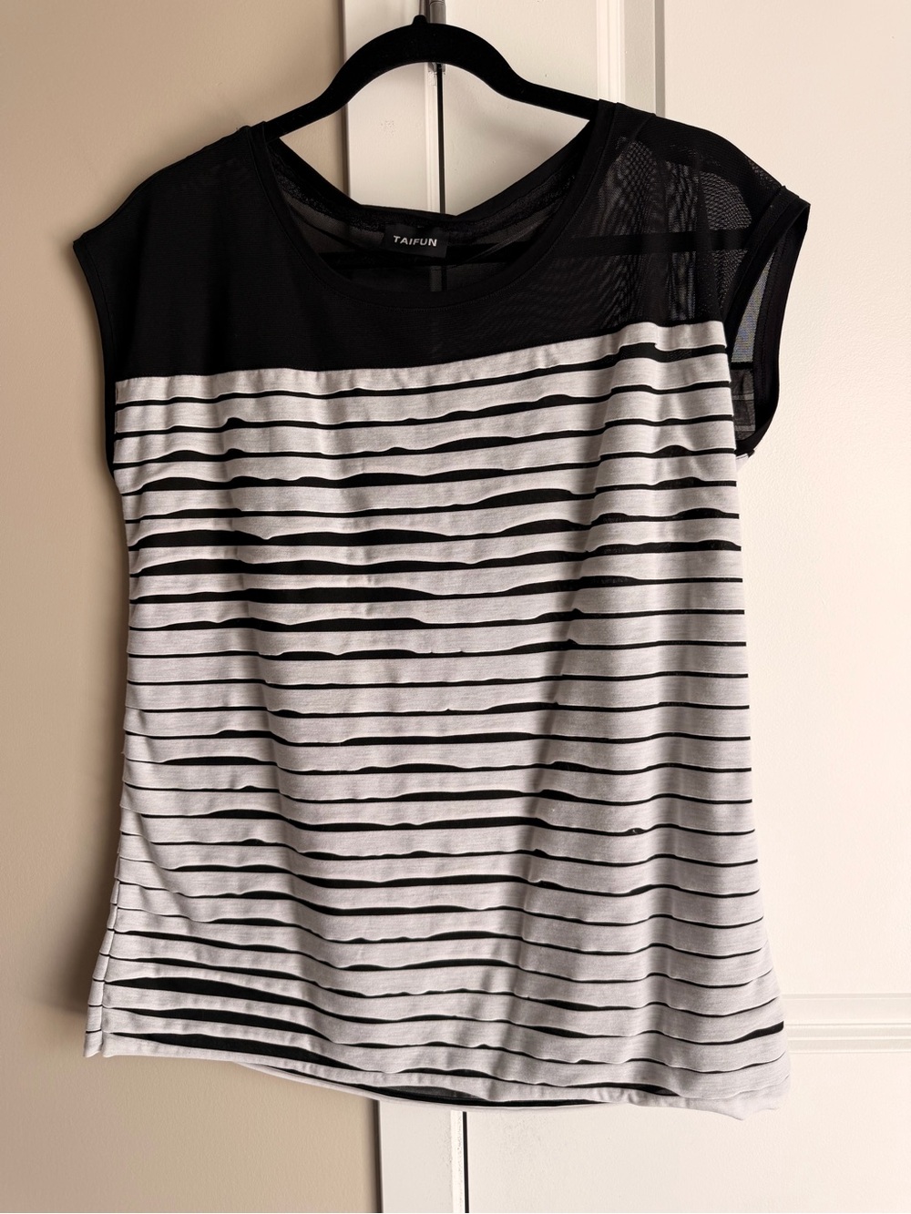 Black and White Striped Cap-Sleeve Mesh Yoke Tee